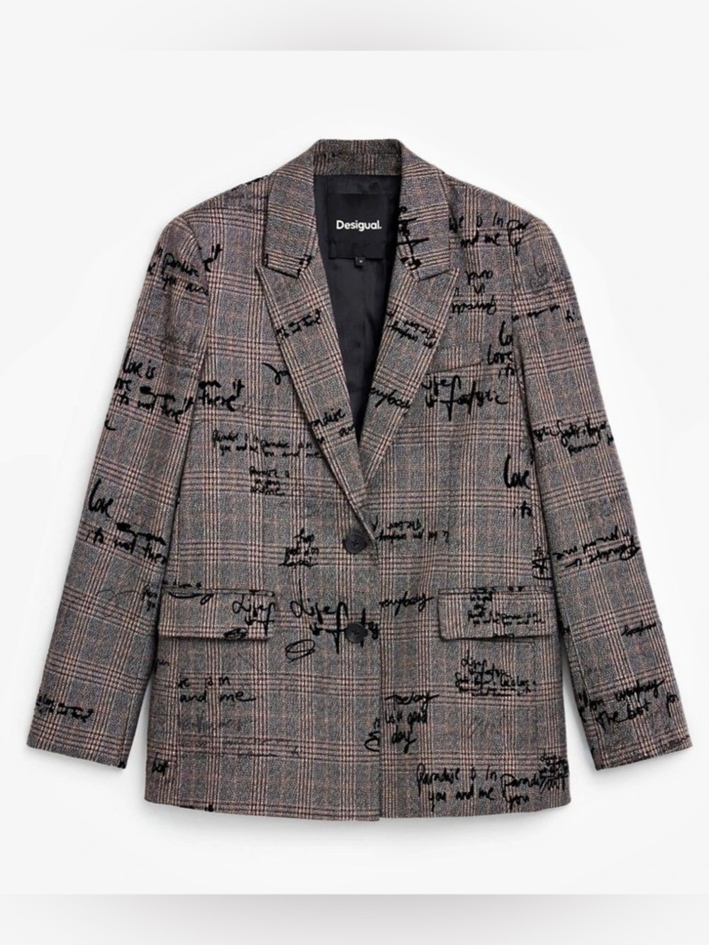 Desigual Women’s Checked Lettering Blazer — Gray & Black, Size L (New with Tags)